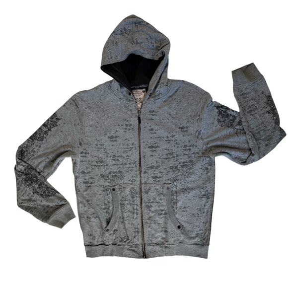 Buffalo David Bitton Sweatshirt Jacket Mens L Gray Distressed Look Printed Logo - Picture 1 of 16